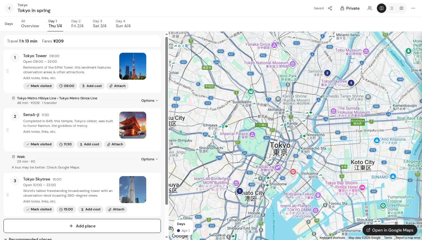 The trip planner on a laptop: Tokyo Tower, Sensō-ji and Tokyo Skytree with the train and walk between them, beside a Google Map of the day