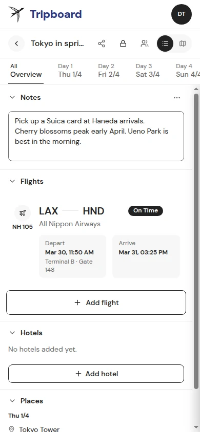 The same trip on a phone, showing the LAX to Haneda flight